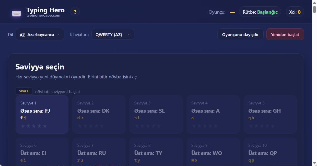 Typing Hero App Azərbaycan dilində yazma müəllimi — interfeysin ekran görüntüsü