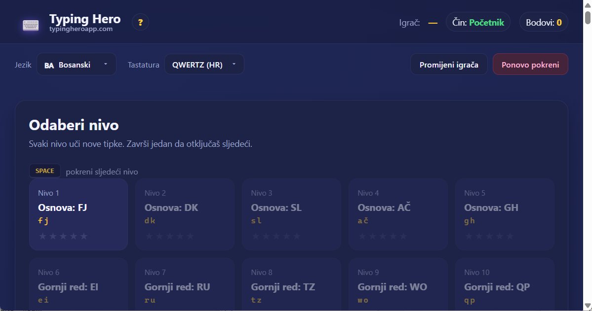 Bosanski kurs slijepog kucanja sa 10 prstiju — web aplikacija Typing Hero App bosanski kurs slijepog kucanja — snimak ekrana sučelja