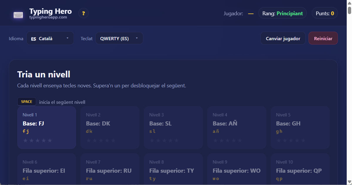 Tutor de mecanografia amb 10 dits en català — aplicació web Typing Hero App tutor de mecanografia en català — captura de pantalla de la interfície