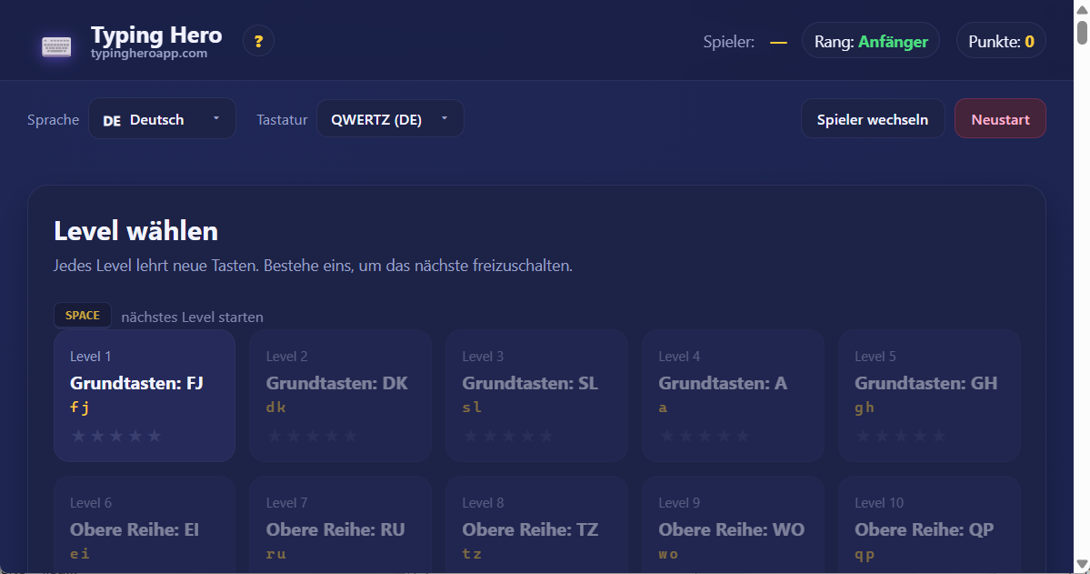 Deutscher 10-Finger-Schreibtrainer Webanwendung Typing Hero App deutscher Schreibtrainer — Screenshot der Benutzeroberfläche