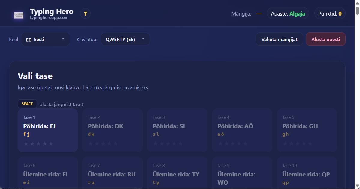 Eesti kümne sõrme puutetrüki kursus — veebirakendus Typing Hero App eesti puutetrüki kursus — kasutajaliidese ekraanipilt