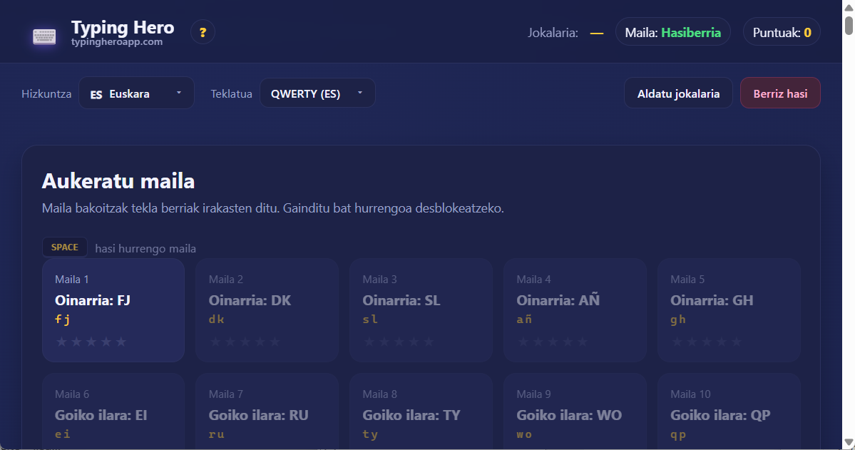 10 hatzeko mekanografia ikastaroa euskaraz — web aplikazioa Typing Hero App euskara mekanografia ikastaroa — interfazearen pantaila-argazkia