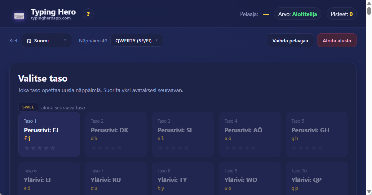 Suomalainen 10-sormen sokkokirjoituskurssi — verkkosovellus Typing Hero App suomalainen sokkokirjoituskurssi — käyttöliittymän kuvakaappaus