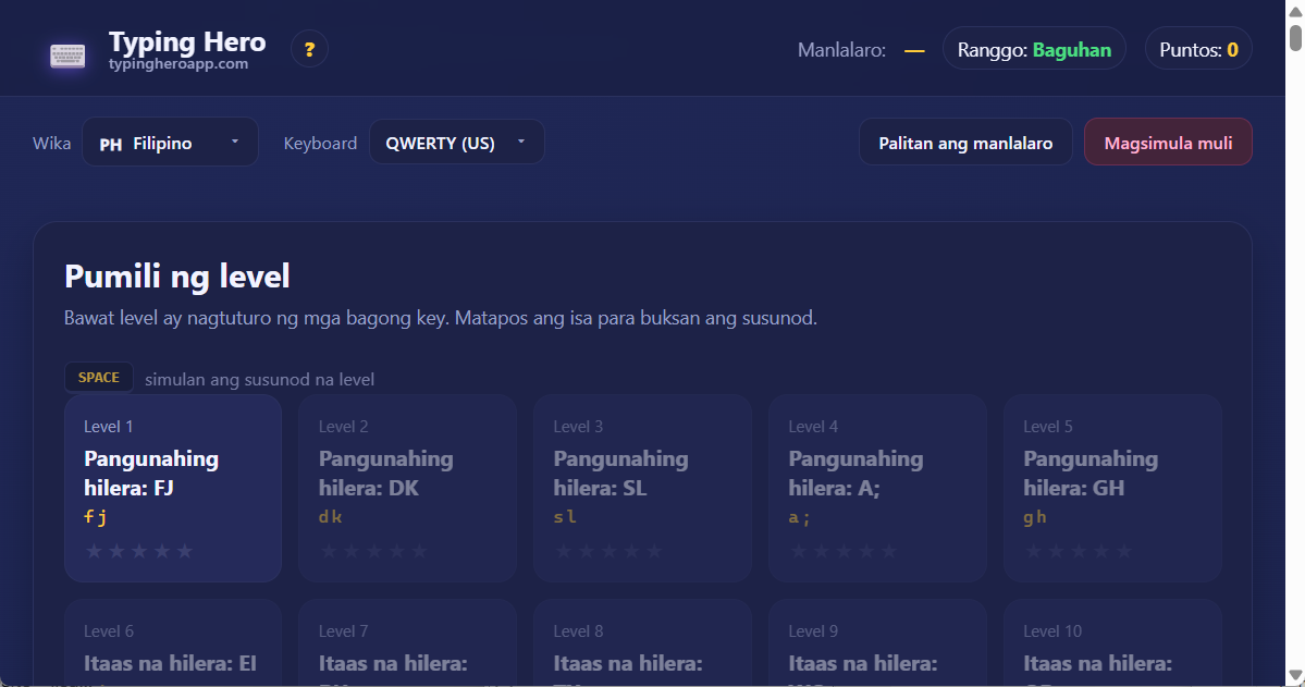Tutor sa 10-finger pag-type sa Filipino — web application Typing Hero App tutor sa pag-type sa Filipino — screenshot ng interface