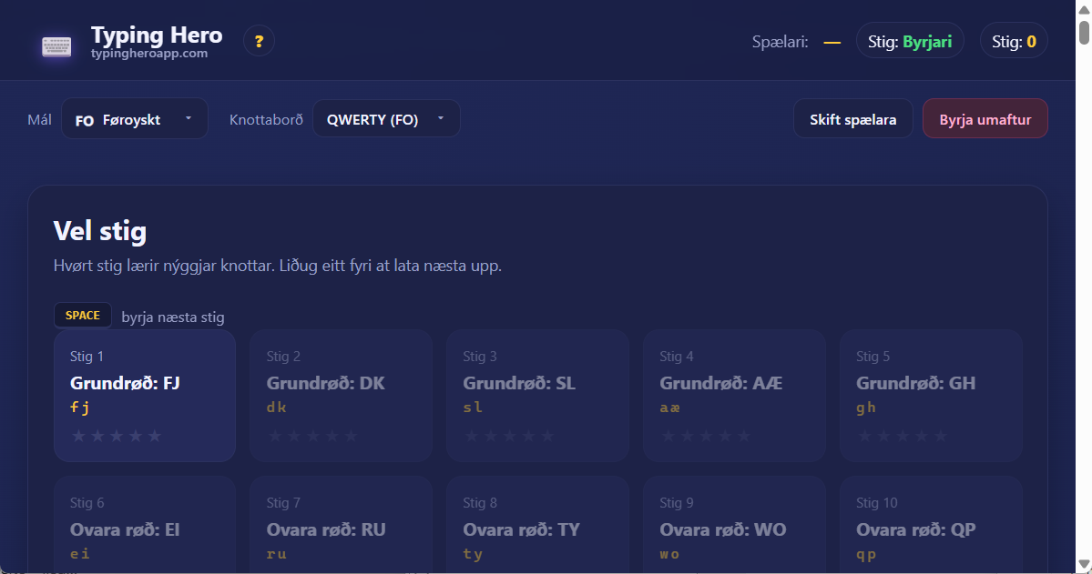 Føroyskt 10 fingra blindskrivingarskeið — kagara-app Typing Hero App føroyskt blindskrivingarskeið — skíggjamynd av markamóti
