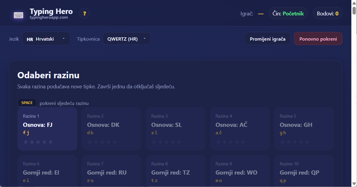 Typing Hero App hrvatski tečaj slijepog tipkanja — snimka zaslona sučelja