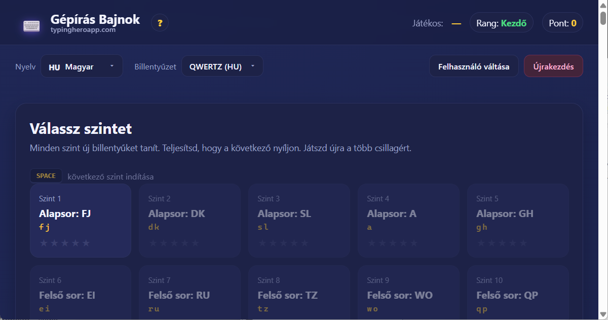 Magyar 10 ujjas gépírás-oktató webalkalmazás Typing Hero App magyar gépírás-oktató kezelőfelületének képernyőképe