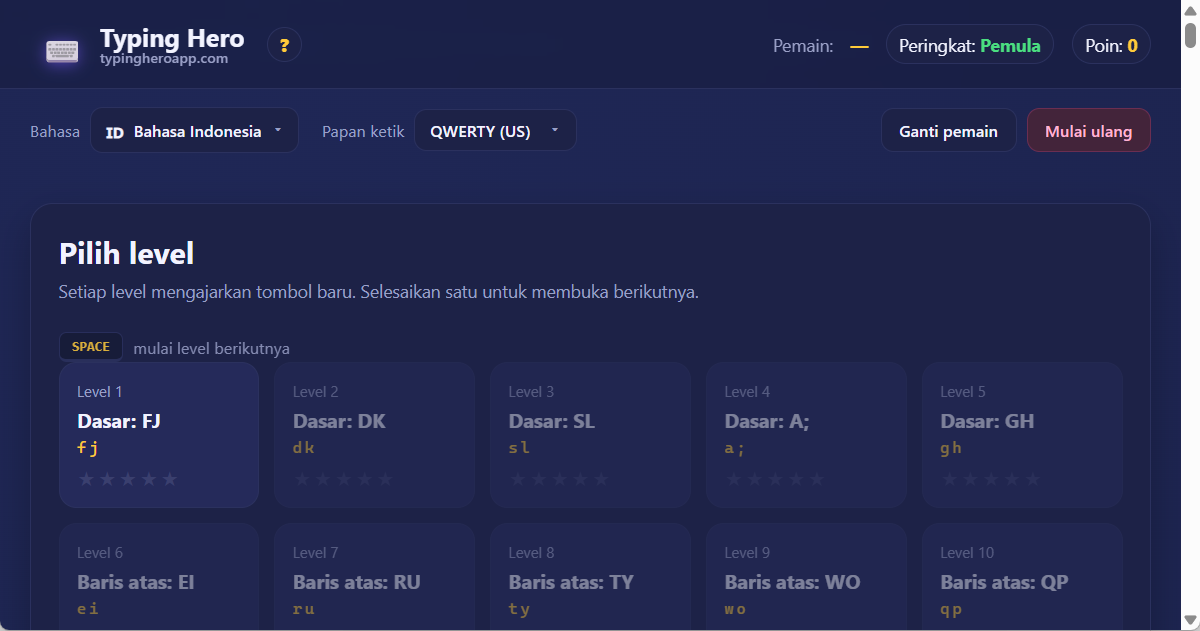 Tutor mengetik 10 jari bahasa Indonesia — aplikasi web Typing Hero App tutor mengetik bahasa Indonesia — tangkapan layar antarmuka