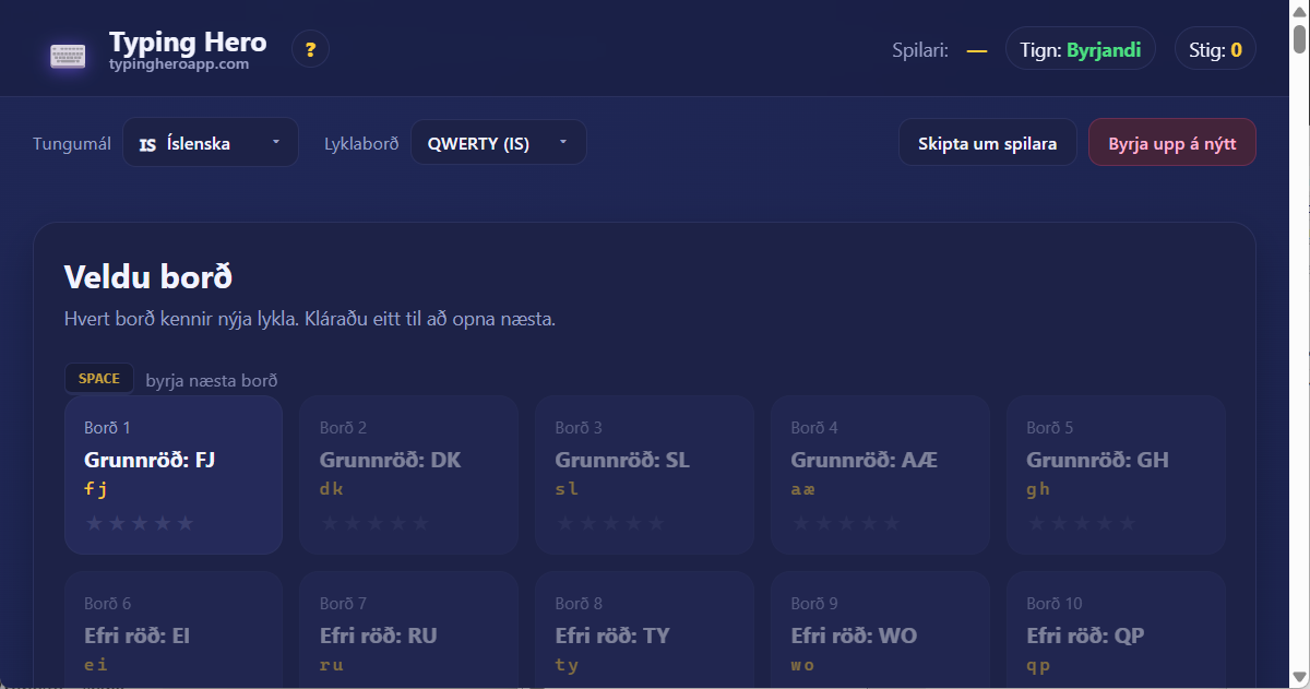 Íslenskt 10 fingra vélritunarnámskeið — vefforrit Typing Hero App íslenskt vélritunarnámskeið — skjáskot af viðmóti