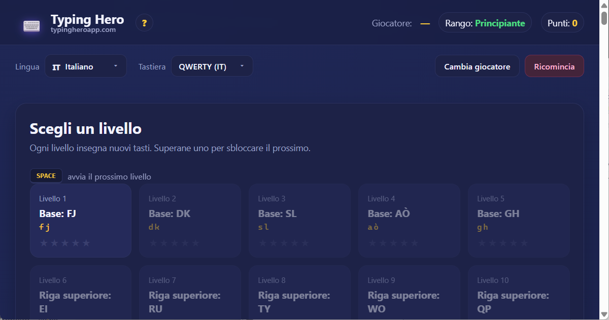 Tutor di dattilografia a 10 dita in italiano — applicazione web Typing Hero App tutor di dattilografia in italiano — screenshot dell'interfaccia