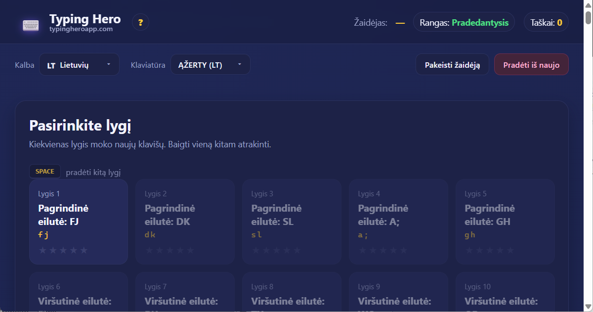 Lietuvių 10 pirštų aklojo rinkimo kursai — žiniatinklio programa Typing Hero App lietuvių aklojo rinkimo kursai — sąsajos ekrano kopija