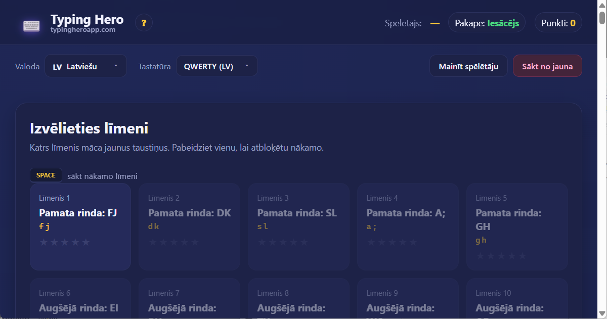 Latviešu 10 pirkstu aklās rakstīšanas kurss — tīmekļa lietotne Typing Hero App latviešu aklās rakstīšanas kurss — saskarnes ekrānuzņēmums