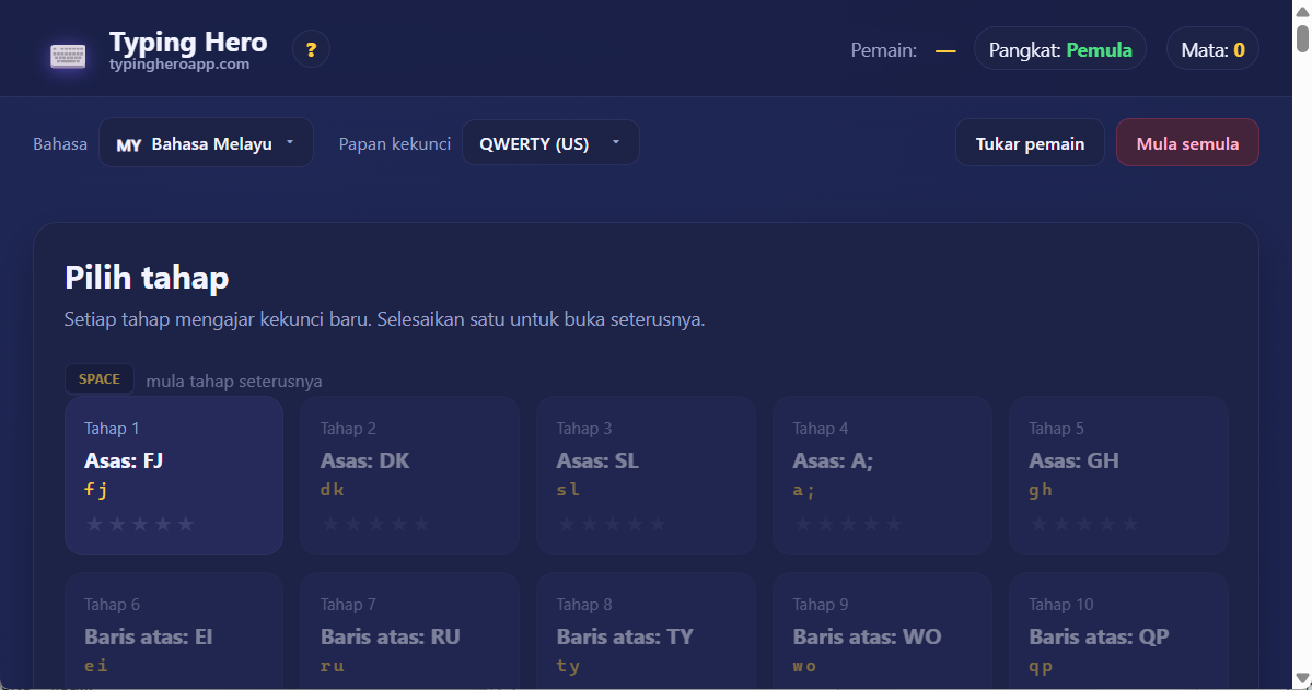 Tutor menaip 10 jari bahasa Melayu — aplikasi web Typing Hero App tutor menaip bahasa Melayu — tangkapan skrin antara muka