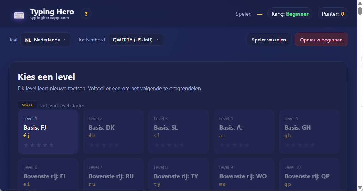 Typing Hero App Nederlandse typcursus — schermafbeelding van de interface