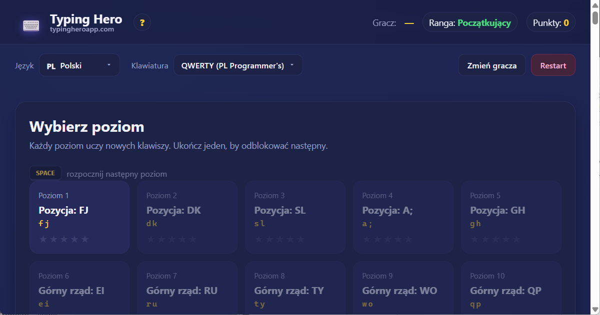 Polska aplikacja internetowa do nauki pisania 10 palcami Typing Hero App polski nauczyciel pisania — zrzut ekranu interfejsu