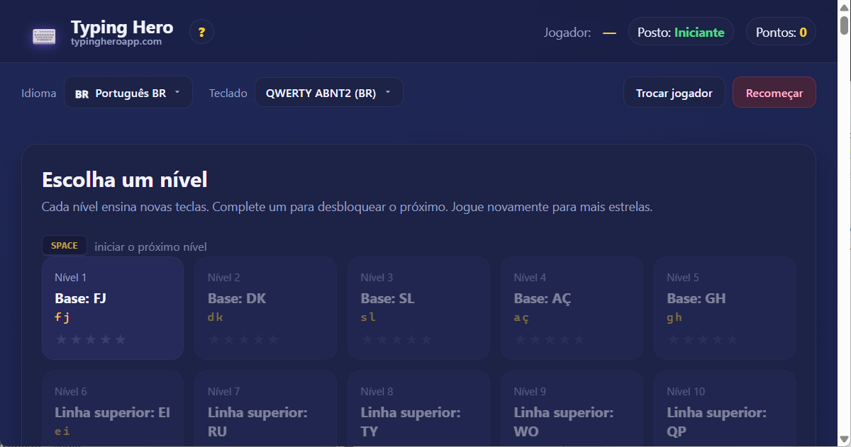 Tutor de digitação com 10 dedos em português brasileiro — aplicativo web Typing Hero App tutor de digitação em português brasileiro — captura de tela da interface