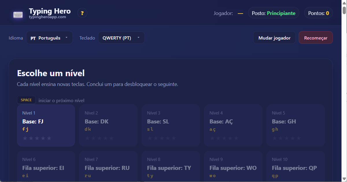 Tutor de dactilografia com 10 dedos em português — aplicação web Typing Hero App tutor de dactilografia em português — captura de ecrã da interface
