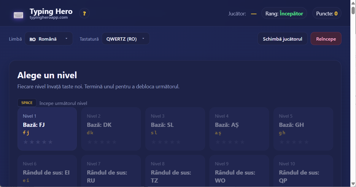 Curs român de dactilografie cu 10 degete — aplicație web Typing Hero App curs român de dactilografie — captură de ecran a interfeței
