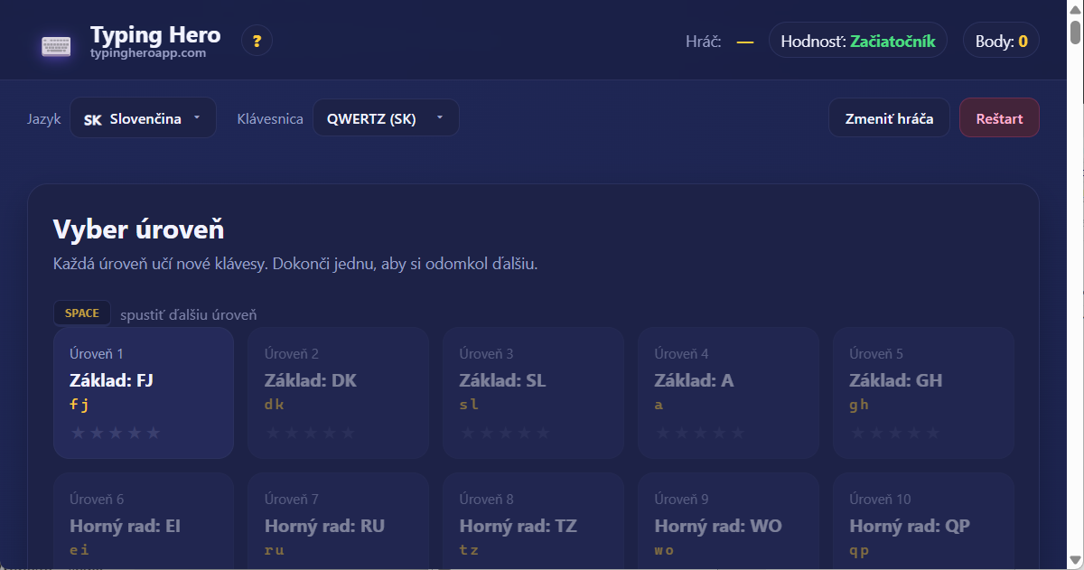 Slovenský online kurz písania všetkými desiatimi prstami — webová aplikácia Typing Hero App slovenský kurz písania všetkými desiatimi — snímka obrazovky rozhrania
