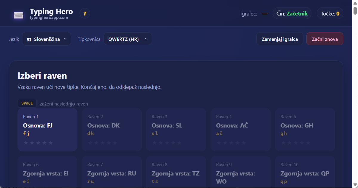 Slovenski tečaj slepega tipkanja z 10 prsti — spletna aplikacija Typing Hero App slovenski tečaj slepega tipkanja — posnetek zaslona vmesnika