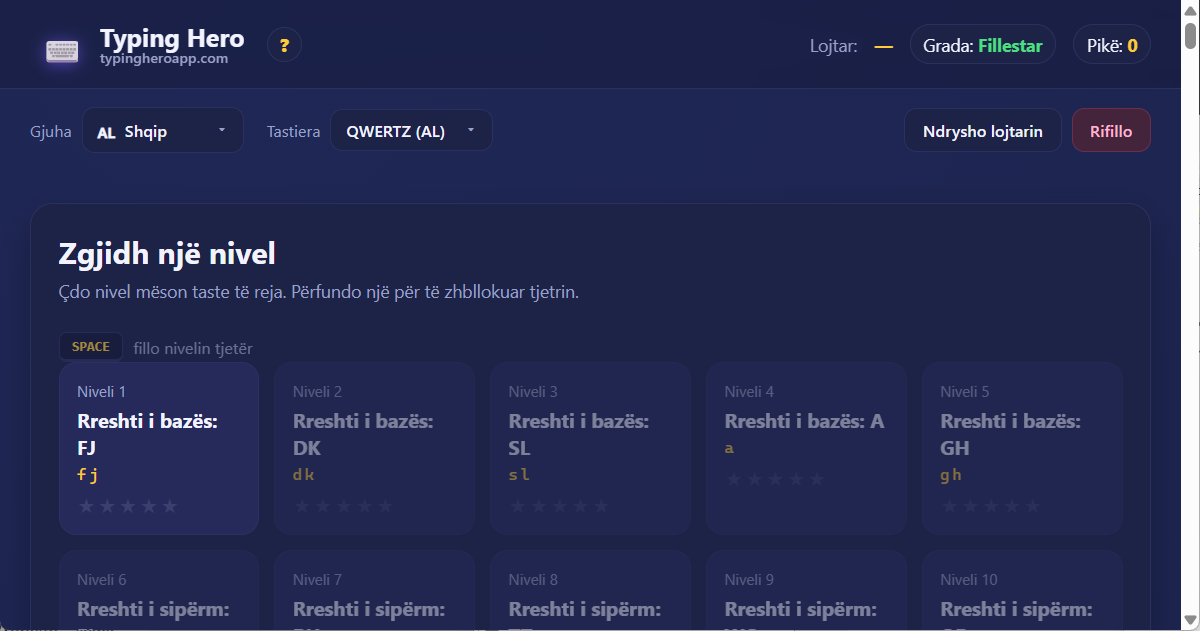 Mësues daktilografie me 10 gishtërinj në shqip — aplikacion ueb Typing Hero App mësues daktilografie në shqip — pamje e ekranit të ndërfaqes