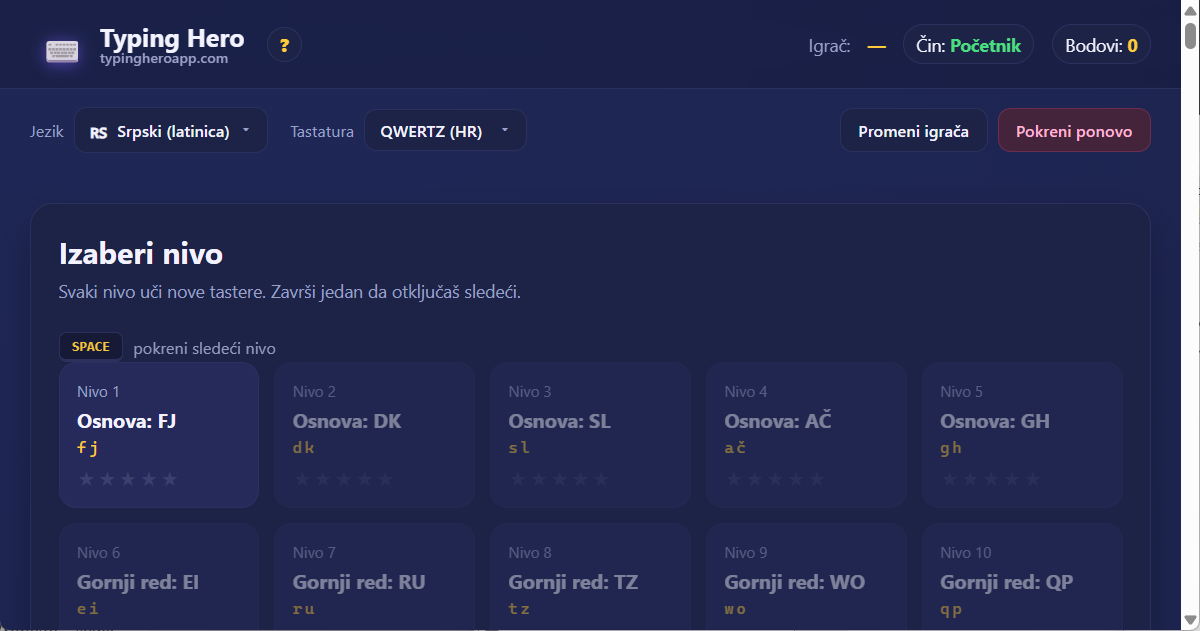 Srpski kurs slepog kucanja sa 10 prstiju (latinica) — veb aplikacija Typing Hero App srpski kurs slepog kucanja — snimak ekrana interfejsa
