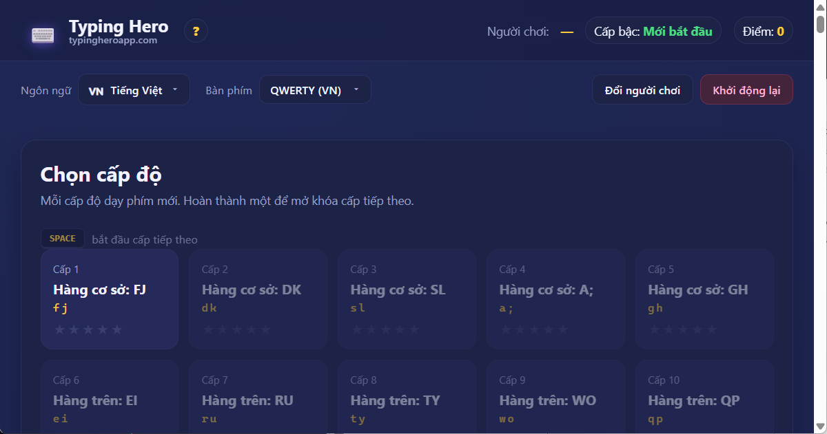 Typing Hero App gia sư gõ phím tiếng Việt — ảnh chụp màn hình giao diện