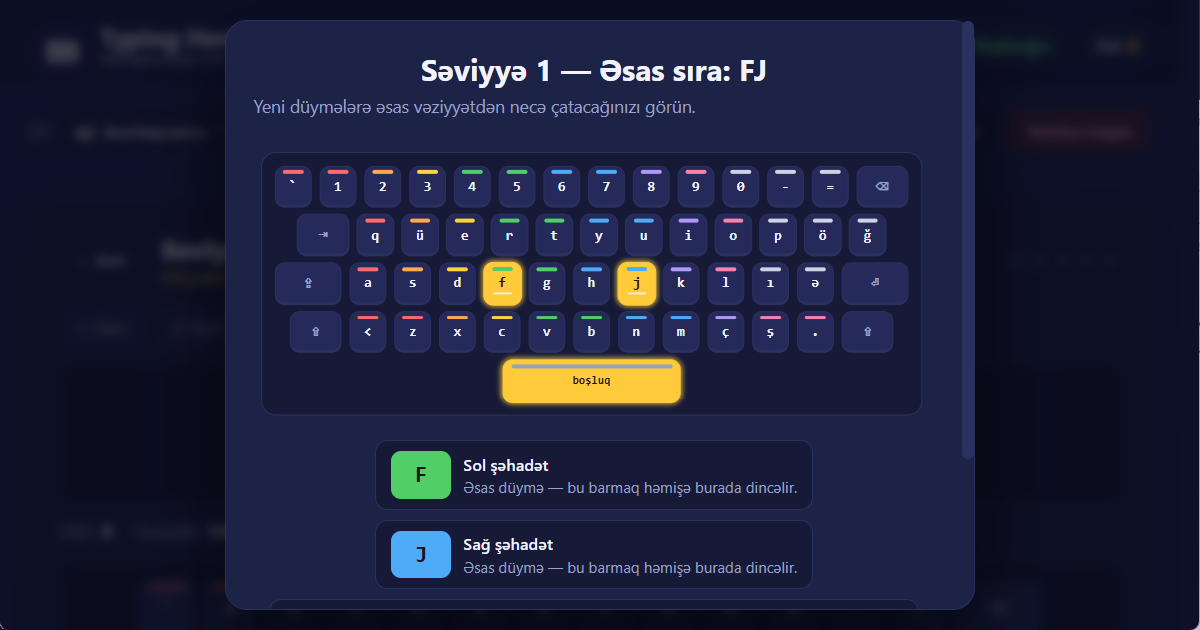QWERTY (AZ) klaviaturasında barmaq mövqeləri Azərbaycan dilində 10 barmaq yazma üçün — dərs təsviri