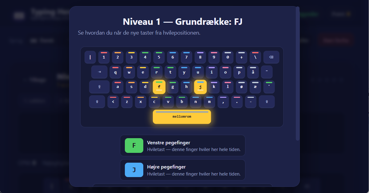 QWERTY (NO/DK) tastaturlayout — dansk blindskrivningslektion Fingerpositioner på QWERTY (NO/DK) tastaturet for dansk 10-finger blindskrivning — lektionsillustration