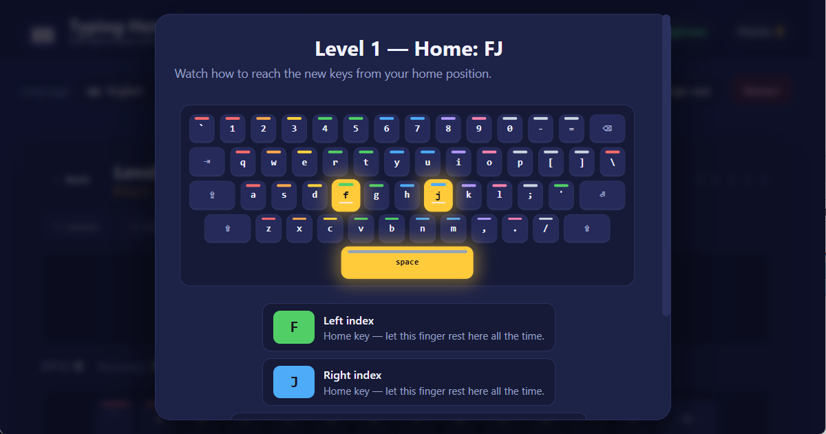 QWERTY (US) keyboard layout — English touch typing lesson QWERTY (US) keyboard layout finger positions for English 10-finger touch typing — lesson illustration