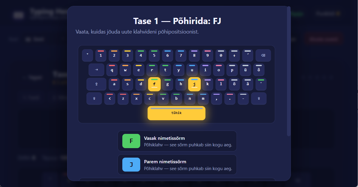 QWERTY (EE) klaviatuuripaigutus — eesti puutetrüki õppetund Sõrmede asendid QWERTY (EE) klaviatuuril eesti kümne sõrme puutetrükiks — õppetunni illustratsioon