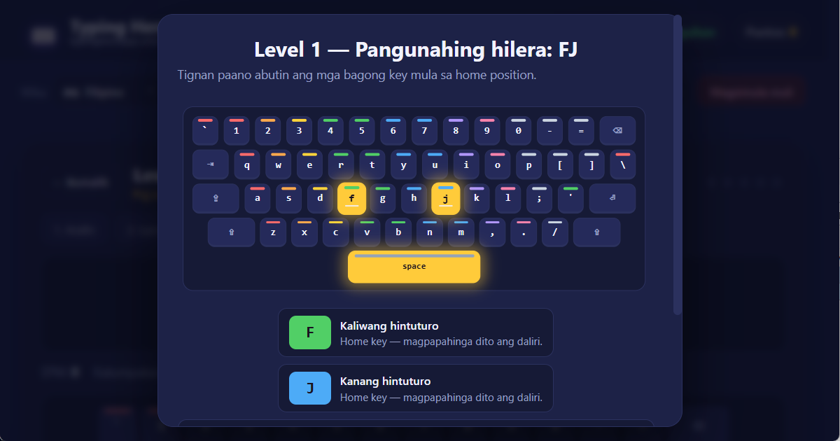 Pagkakaayos ng keyboard na QWERTY (US) — aralin sa pag-type sa Filipino Mga posisyon ng daliri sa keyboard na QWERTY (US) para sa 10-finger pag-type sa Filipino — paglalarawan ng aralin