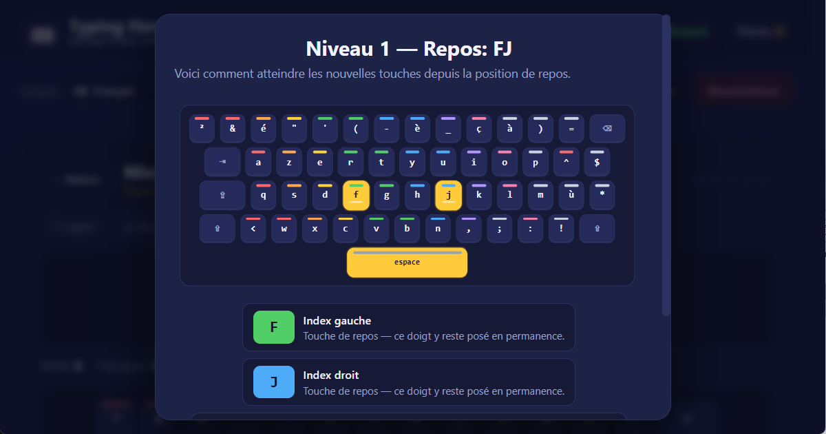 Disposition du clavier AZERTY (FR) — leçon de dactylographie française Positions des doigts sur le clavier AZERTY (FR) pour la dactylographie française à 10 doigts — illustration de leçon