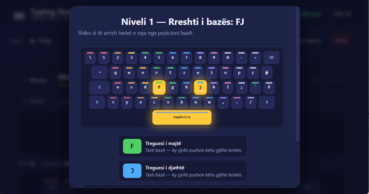 Paraqitja e tastierës QWERTZ (AL) — mësim daktilografie në shqip Pozicionet e gishtërinjve në tastierën QWERTZ (AL) për daktilografi shqipe me 10 gishtërinj — ilustrim i mësimit