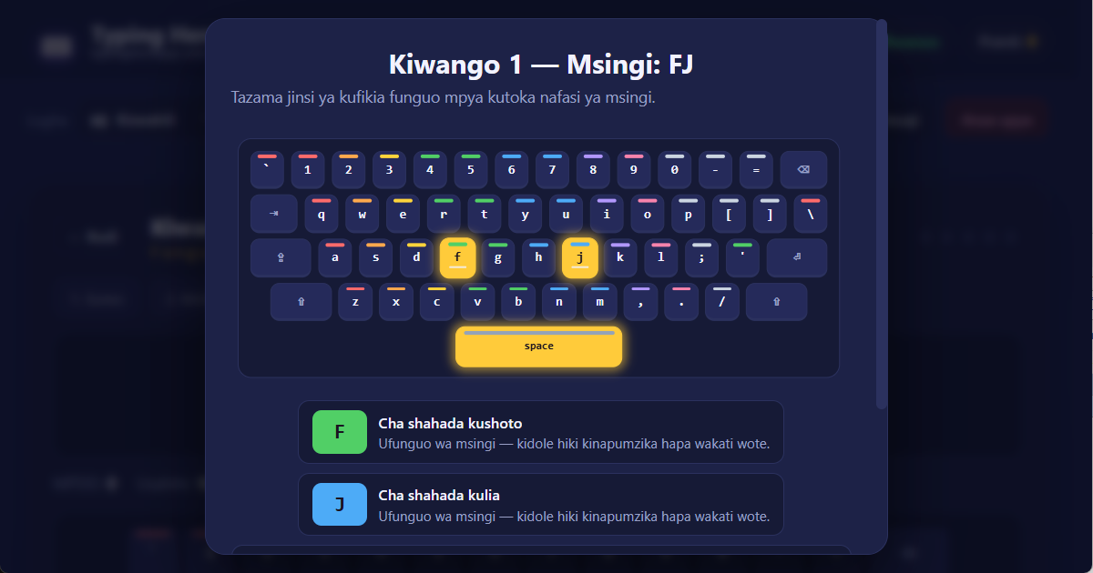 Mpangilio wa kibodi QWERTY (US) — somo la kuandika Kiswahili Nafasi za vidole kwenye kibodi ya QWERTY (US) kwa kuandika kwa vidole 10 Kiswahili — kielelezo cha somo